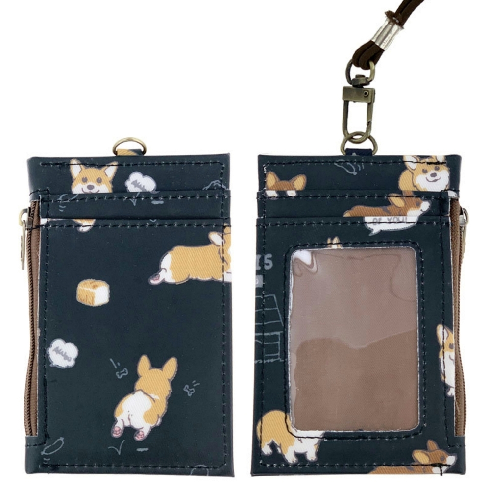 Waterproof Corgi ID Badge Card Holder Coin Purse W/ Stretchy Lanyard